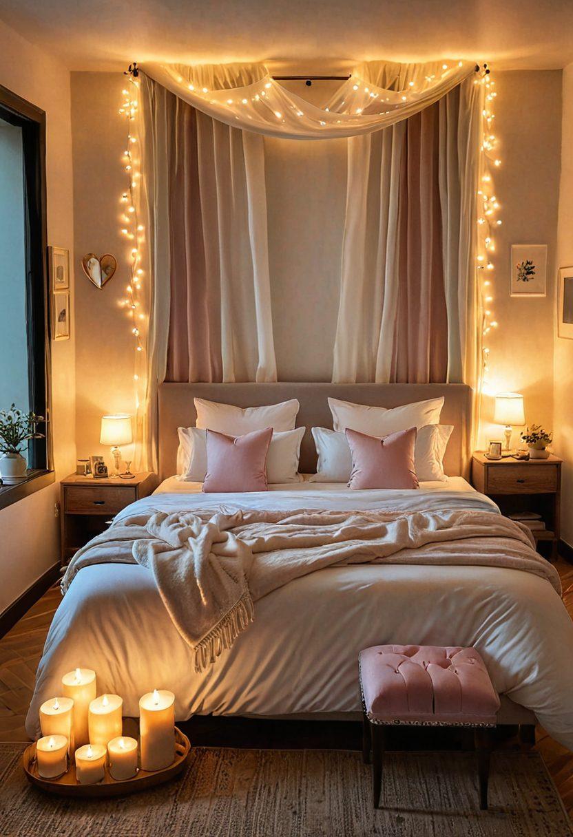An intimate setting featuring a softly lit room with warm colors, a cozy bed adorned with candles and plush pillows. Include symbols of connection like intertwined hands and a heart motif subtly integrated into the decor. A gentle glow of soft pastel shades creates an inviting atmosphere that evokes passion and comfort. super-realistic. warm colors. intimate ambiance.