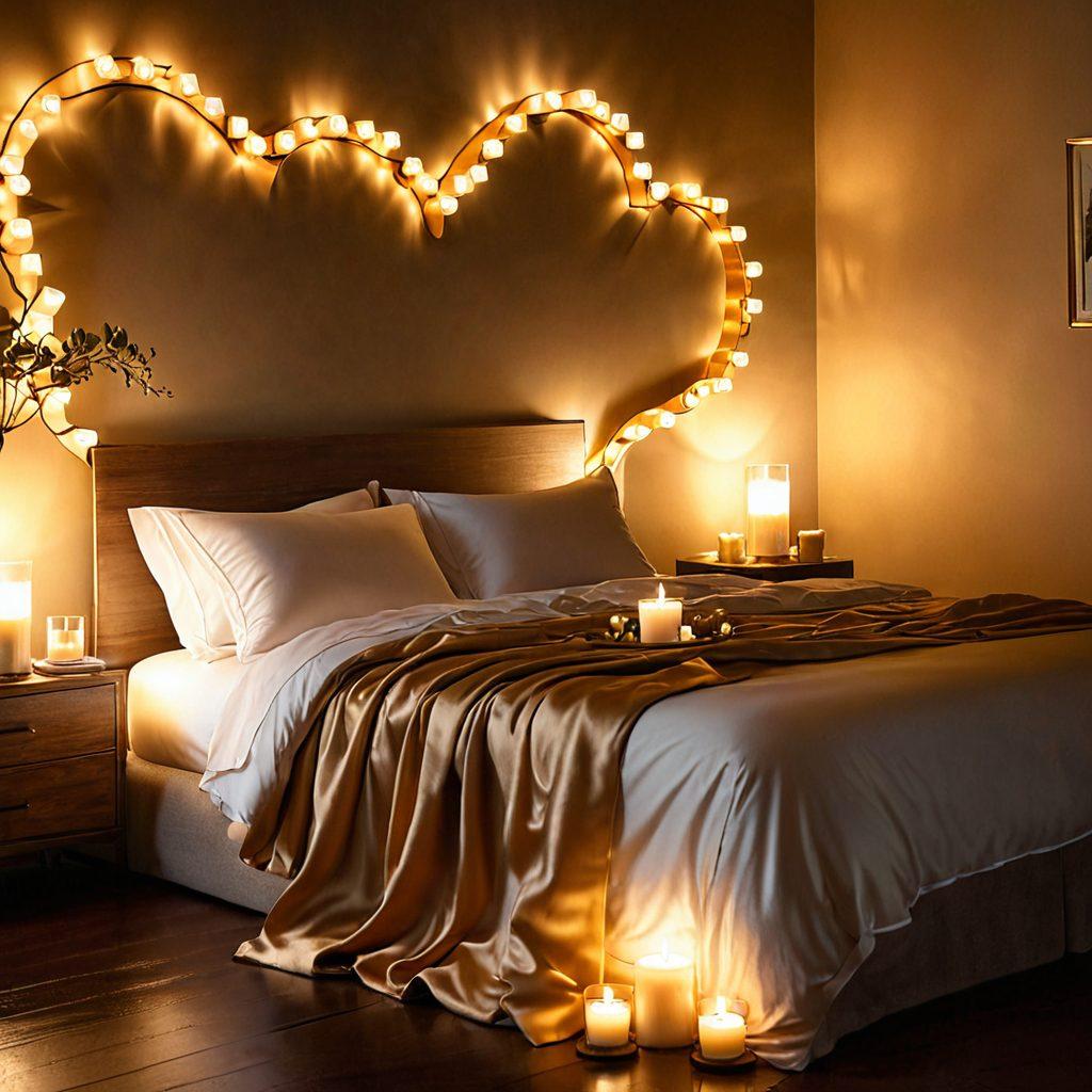 A serene and inviting bedroom setting, featuring soft candlelight, silk sheets, and intimate decor. Include elements symbolizing connection, such as intertwined hands and a heart shape subtly integrated into the background. The atmosphere should radiate warmth, comfort, and open communication, enhancing the theme of sexual wellness. soft lighting. warm colors. 3D.