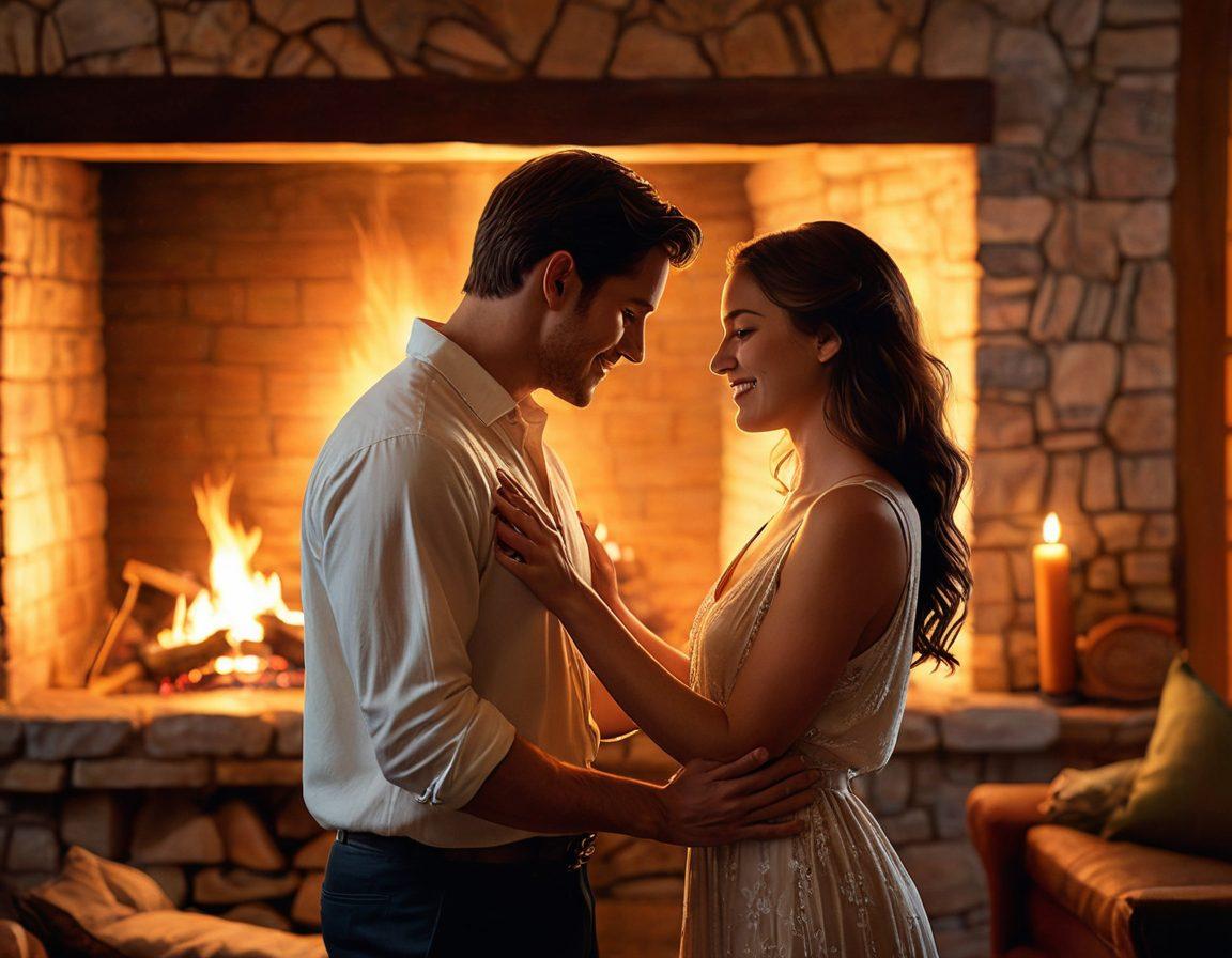 A warm and inviting scene of two people sharing a tender moment, surrounded by soft, glowing lights that represent love and connection. Include elements like intertwined hands, a cozy setting with a glowing fireplace, and romantic silhouettes in the background. Capture their joyful expressions and a sense of deep emotional intimacy. super-realistic. vibrant colors. dreamy atmosphere.